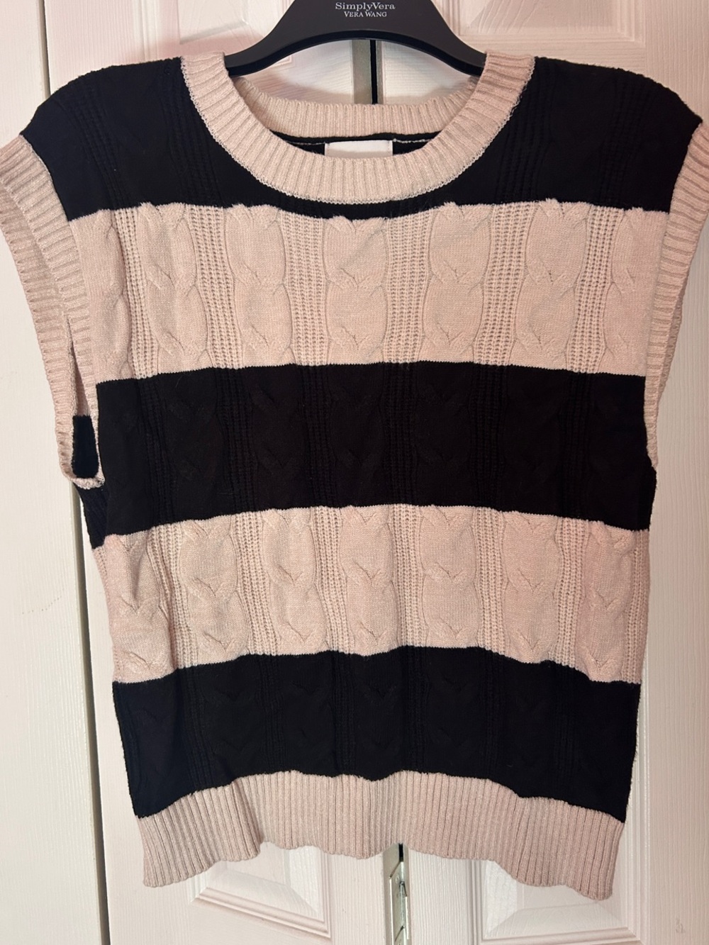Pink Rose Black & Cream Striped Cable Knit Sleeveless Sweater